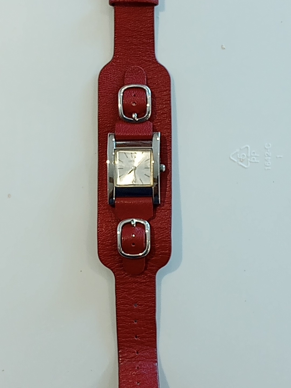 Red Leather Cuff Watch with Square Silver Dial